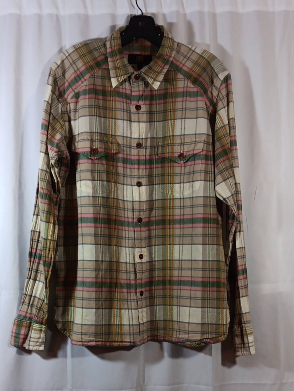 Frye Mens Large Casual Button Down Plaid Shirt Long Sleeve Tan